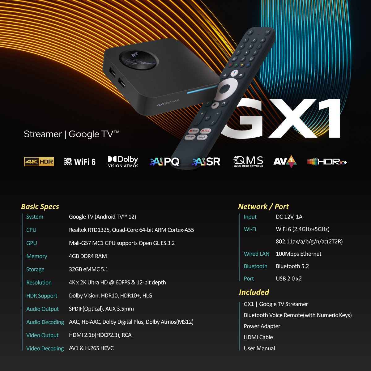 RockTek GX1 Streaming Box - Google TV - Dolby Vision & Atmos - Ingebouwde Chromecast - 4K UHD & HDR