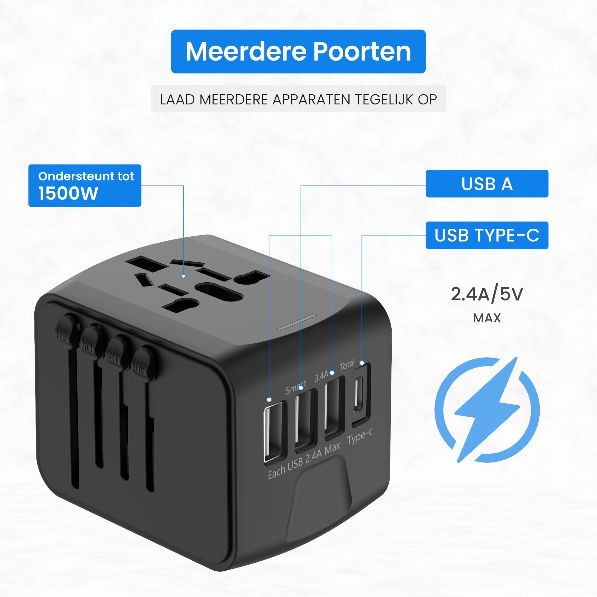 Reisadapter - Multi USB A & C