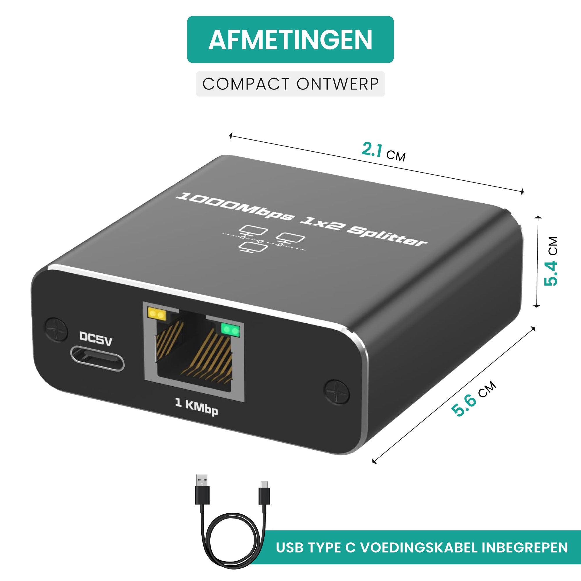 Ethernet Splitter (1000 Mbps) - Van 1 naar 2