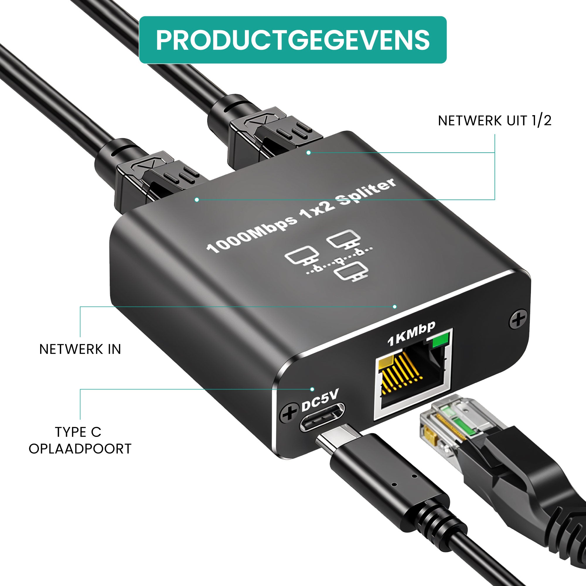 Ethernet Splitter (1000 Mbps) - Van 1 naar 2