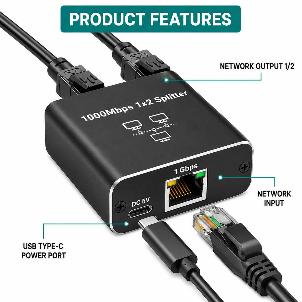 Ethernet Splitter (1000 Mbps) - From 1 to 2